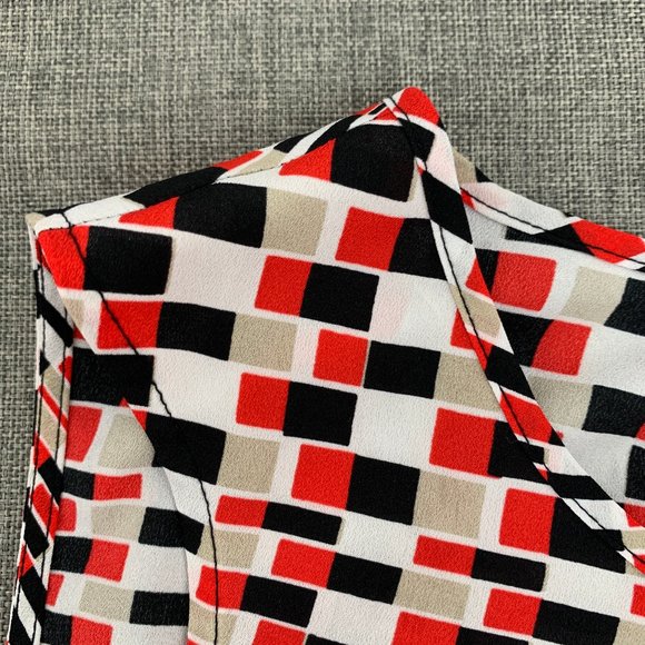 Black Label by Evan Picone Sleeveless Blouse Medium Red Black White Pleated Neck - Picture 5 of 13